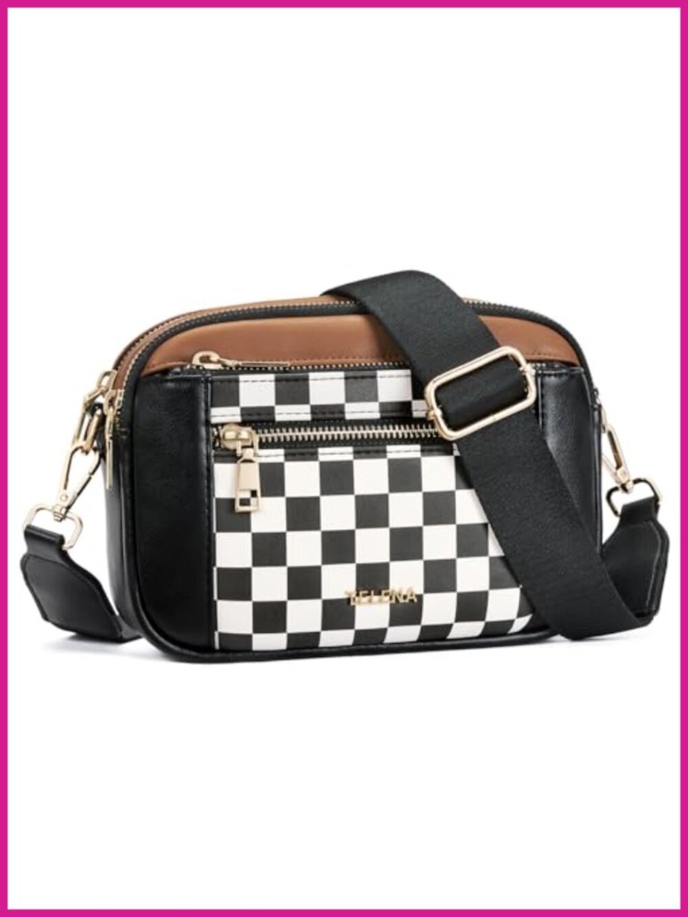 Vegan Leather Small Crossbody Bag Checkered Wide Strap Purse